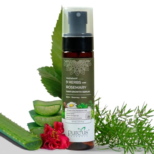 Keshabooti 9 Herbs Hair Growth Serum with Rosemary, Henna & Biotin | Mineral Oil & Paraben Free | Non-Greasy, Quick Absorbing for Thicker, Long Hair | Reduce Hair Fall for Women & Men – 110 ml