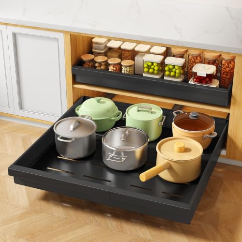 PXRACK Pull out Cabinet Organizer, 2-Pack Expandable(12"-20") Silde out Drawers with Raising Pad for Framed Cabinets, Adjustable Full-Extension for Kitchen Pantry Home Pot and Pan, Black