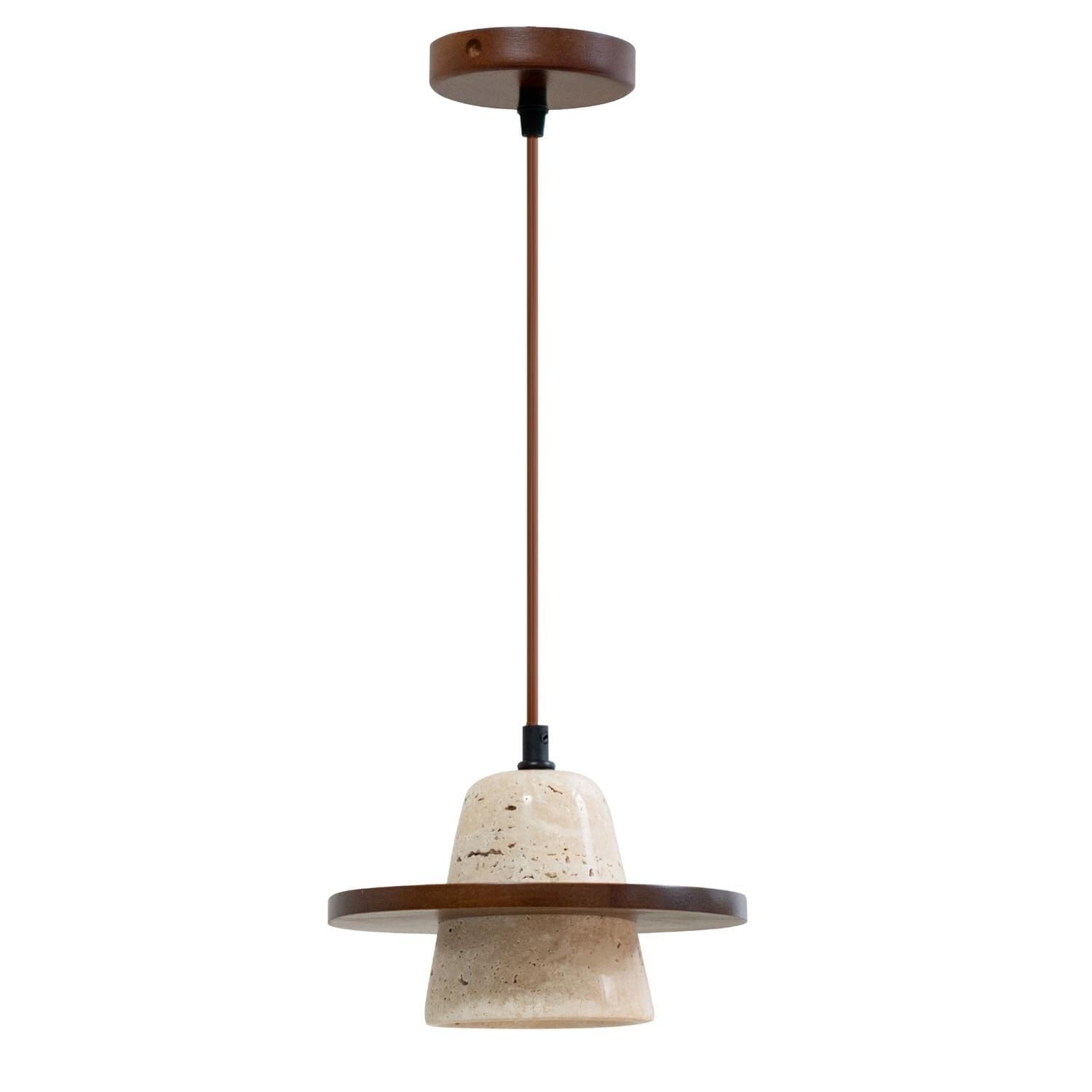KXEcoLife Japanese Wabi Sabi Natural Stone Pendant Light Mid Century Vintage Wood Chandelier Nordic Yellow Travertine Lamp for Kitchen Island Bedroom(Walnut)
