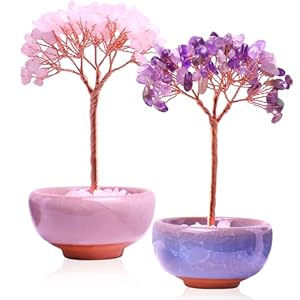 14cm Set: 2x Kristallbaum in Keramik-Schale, Rosa-Lila Drahtbaum, Feng Shui | Edelstein-Baum