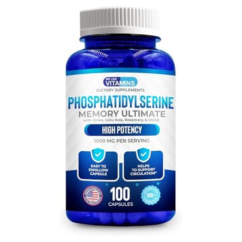 We Like Vitamins Phosphatidylserine Supplement with Gingko Biloba, Gotu Kola, DMAE - Improves Focus, Memory, Cognitive Function - Soy-Free 1000mg Memory Ultimate Complex - 100 Easy-to-Swallow Capsules Cover