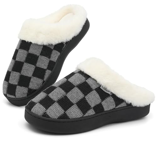 UBFEN Womens Slippers Classic Plaid Winter Warm with Memory Foam Fluffy House Shoes Platform Indoor Bedroom Black Gray Size 7-8
