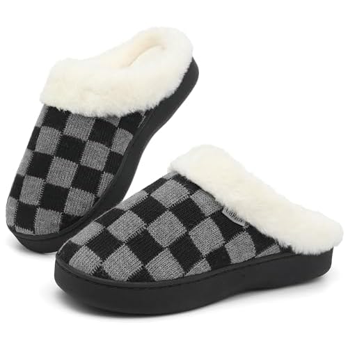UBFEN Womens Slippers Classic Plaid Winter Warm with Memory Foam Fluffy House Shoes Platform Indoor Bedroom