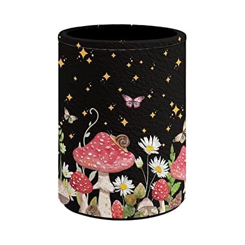 BIGCARJOB Mushroom Theme Desk Pen Holders,PU Leather School Pen Storage Box Women Girls Make up Brush Holder,Weeds Mushroom Round Pencil Holder Organizer Cover