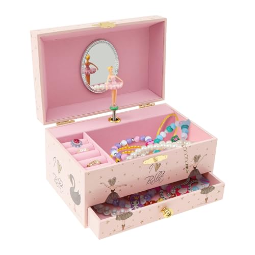 Boîte à bijoux musicale pour enfants avec mélodie tournante, motif de licorne et ballerine, miroir, tiroirs, boîte à bijoux pour petites filles, cadeau...