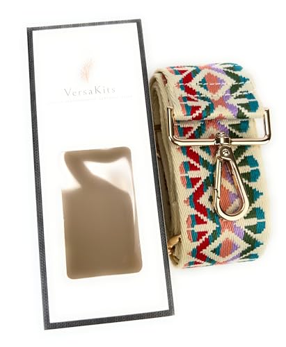 Image of Vibrant Multicolor Boho Diamond Purse Strap with Light Gold Hardware 2 Inch Wide Replacement Crossbody Guitar Style Shoulder Strap for Handbags Totes