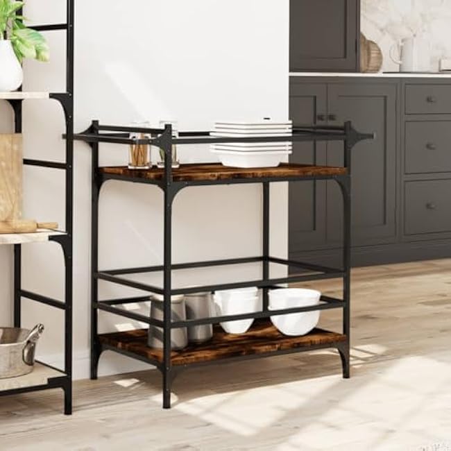 Maximize Kitchen Organization with Smoked Oak Kitchen Trolley, Ample Storage Space and Lockable Wheels, 32.3x15.7x30.9-29PMIydx