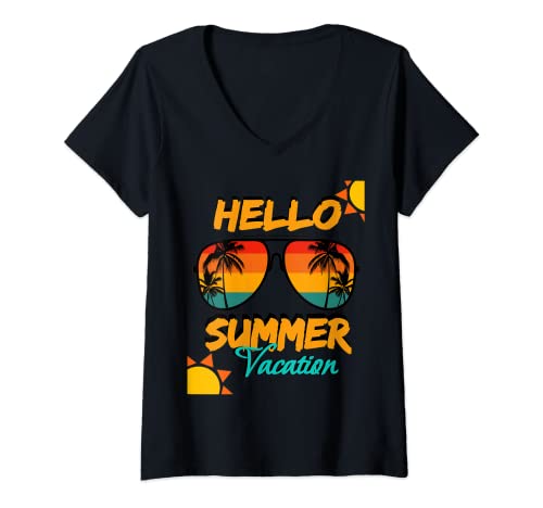 Donna Hello Summer Vacation Custome Family Vacay Celebrate Day Maglietta con Collo a V