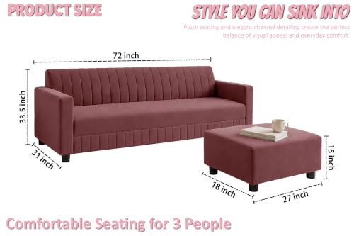 Image of Modern 3-Seater Velvet Sofa with Ottoman | Vertical Channel Tufted Backrest | Plush Cushioned Seating | Stylish Contemporary Sofa for Living Room, Bedroom & Office | Rose Pink