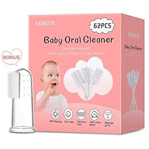 62PCS Baby Tongue Cleaner, Baby Oral Cleaner Newborn Baby Toothbrush,Disposable Infant Toothbrush Clean Baby Mouth,Gauze Gum Cleaner Stick Dental Care for 0-36 Month Baby+1 Finger Toothbrush with Case