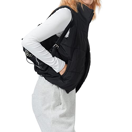 Women's Fall Winter Outerwear, Solid Color Puffer Down Zipper Long Sleeve Jacket Coat/Sleeveless Vest Waistcoat (Z Black Vest, L) #TOP1