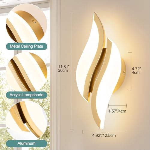Image of CANEOE Modern LED Wall Sconce 6000K Black Indoor Wall Light Fixtures Acrylic Wall Sconce Lighting for Living Room Bedroom Bedside Bathroom Hallway Stairway Wall Lamp (Gold, 2 Packs, 3000K)