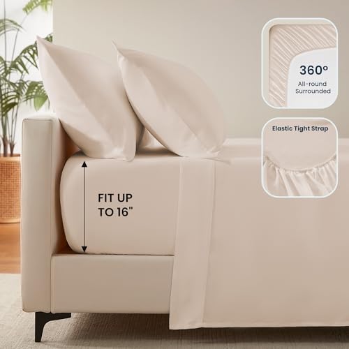SLEEP ZONE Nanotex Super Soft Cooling Full Size Bed Sheets Set 4 Piece - Easy Care Fitted Flat Sheet & Pillowcase Sets - Wrinkle Free, Fade Resistant, Deep Pocket 16" (Beige, Full)