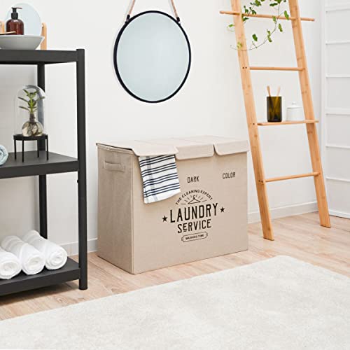 DuneDesign Wäschekorb 3 Fächer - 84L Wäschesammler Beige mit Deckel - Wäsche Organizer Schmutzwäsche Ordnungssystem Badezimmer Deko Schlafzimmer Wäschekorb Schrank Bad Organizer Waschmaschine – Bild 2