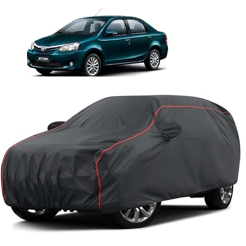 Image of Sulfar 100% Water Resistant Car Body Cover Compatible with Mirror for Toyota Etios (Triple Stitched, Full Bottom Elastic, Dark Grey Taffeta with Red Piping)