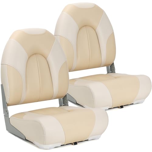 SUNDGORA Deluxe Marine High Back Folding Boat Seats 2 Pack, Waterproof Fishing Boat Captain Chairs, 4 Mounting Screws Included,Style K-Ivory/Beige by SUNDGORA - Used condition - US$119.77