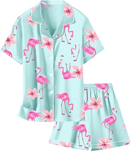Image of Schbbbta Girls Womens Pajamas, Satin Silky Pjs Set Kids 2Pcs Button-Down Nightwear Sleepwear Gift for Mommy and me