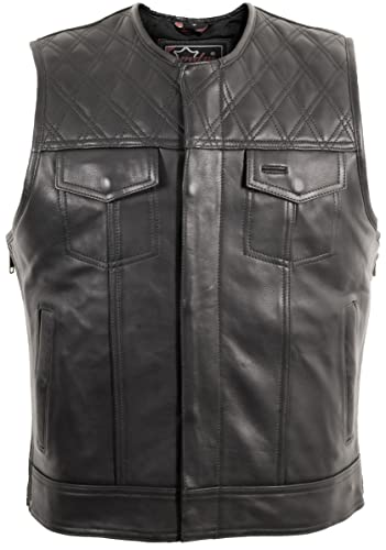 Gilet en cuir homme biker MDM veste moto sans manches premium à motif diamant noir