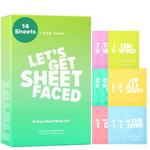 I DEW CARE Let s Get Sheet Faced Face Sheet Mask Pack | Set of 14 Sheet Masks Self Care Gifts for Women | Collagen, Acai Berry, Tea Tree Oil, Eucalyptus| Korean Skincare, Cruelty-Free, Paraben-Free
