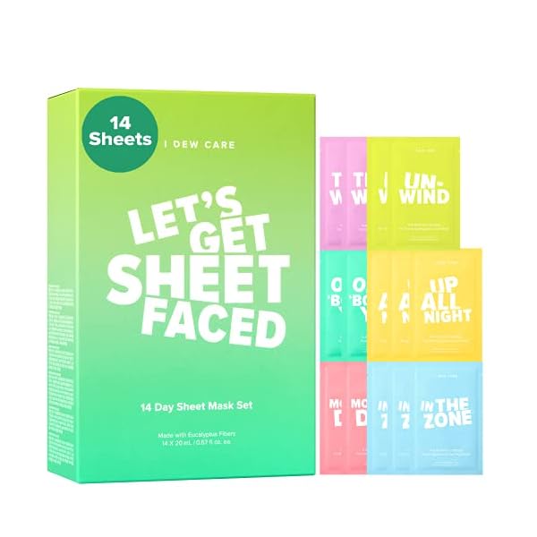 I DEW CARE Korean Glass Skin Sheet Mask 14 Variety Pack | Face Mask Skincare Pack For Perfect Skin Care Routine, 2 Week Care Intense Skincare Makeover with Collagen, Overnight, Tea Tree Oil, 14 Count
