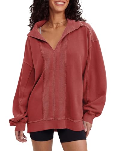 Locachy Women's Casual Oversized Sweatshirt V Neck Long Sleeve Pullover Tops Fashion Outfits Clothes Burgundy S