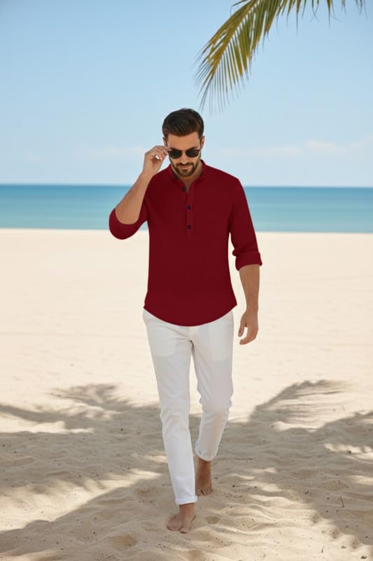 Image of Men's Cotton Blend Short Kurta with Collared Neck Full Sleeves Solid Pattern Western Style Regular Fit and Standard Length
