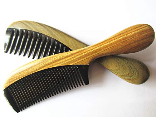Myhsmooth Gbzbybmt Handmade No Static Black Buffalo Horn Comb With Rounded Green Sandalwood Handle (Pack Of 2 Pcs:wide Tooth And Standard Tooth) #TOP4