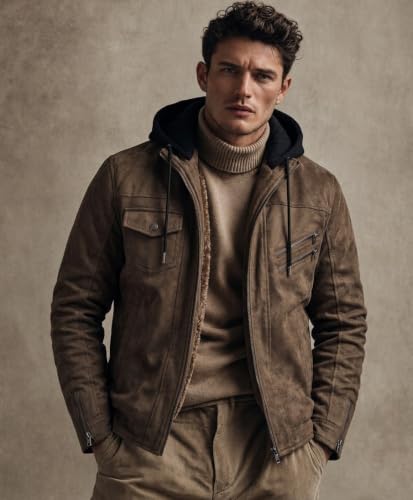 Image of Blaq Ash Men's Faux Suede Biker Jacket with Removable Hood | Fleece Lined, Zip Closure, Black