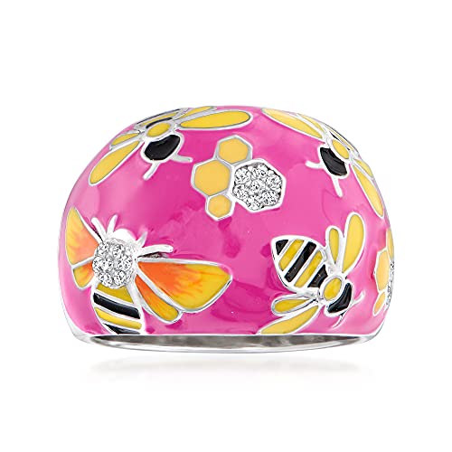 Ross-Simons 0.10 ct. t.w. White Topaz and Multicolored Enamel Bumblebee Ring in Sterling Silver. Size 5