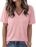 Aottori Camiseta Manga Corta Mujer Verano Cuello V Camiseta Básica Casual Suelta Estirada Elegante Ligera Sencilla Pullover Tunica Rosa M