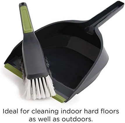 CleanPEAK Large Dustpan and Brush Set with Soft Grip Handle, Soft Bristles, Flexible Pan Edge, Grey / Green