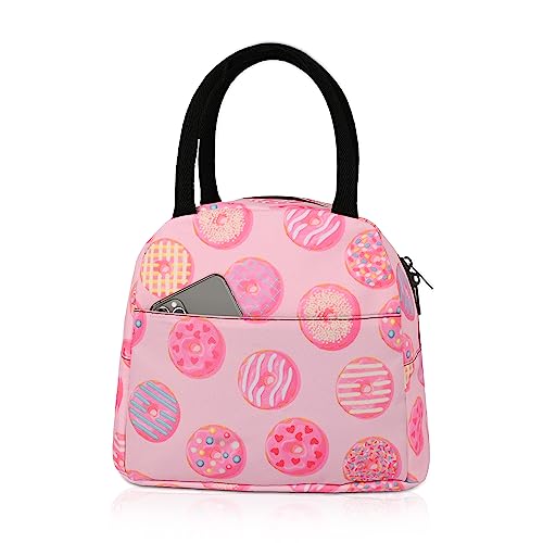 Pink Insulated Lunch Bag For Women, Kawaii Donuts Cute Portable Lunch Box Waterproof Reusable Thermal Girls Boys Cooler Lunch Tote Bag For School Office Outdoor Picnic With Front Pocket #TOP13