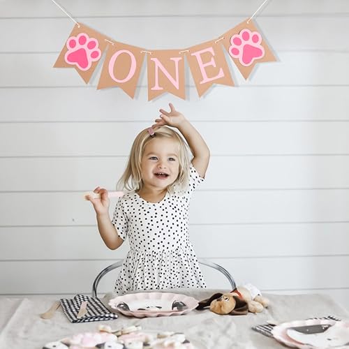 Hiklo 20240727 Dog Puppy One Highchair Banner - Dog Or Girl Paw Print 1St Birthday Banner, Puppy Animal First Birthday Party Decoration thumb #2
