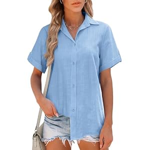 APRAW Womens Button Down Shirts Cotton Short Sleeve Button Up Blouses Collared Casual Linen V Neck Summer Beach Tops