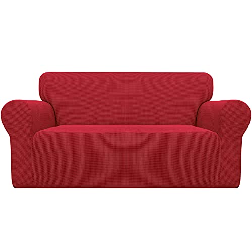 Image of Easy-Going Stretch Oversized Loveseat Slipcover 1-Piece Sofa Cover Furniture Protector Couch Soft with Elastic Bottom for Kids Polyester Spandex Jacquard Fabric Small Checks Christmas Red