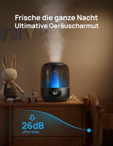 Dreo Luftbefeuchter für das Schlafzimmer, Kaltnebel-Ultraschallgerät mit 30 Stunden Laufzeit, 3L Top-Fill-Tank, Feuchtigkeitssensor, Nachtlicht für Babys, Kinderzimmer, für Pflanzen und Zuhause
