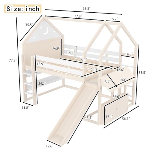 Image of Bellemave Bunk beds Full Over Full with Slide and Stair and Bookshelf Playful Design, Low bunk /loft Bed for Kids，Beige