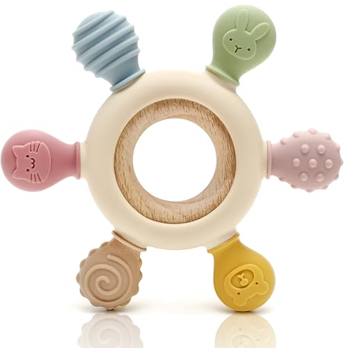 CAJA Mordedor para Bebé - Juguete de dentición de silicona y madera, sin BPA, con diseño de animalitos, alivio para la dentición y aro de agarre - Juguete seguro para bebés (complexion)