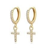 Gold Mini Dangle Huggie Earrings for Women, Dainty 14K Gold Plated Cubic Zirconia Small Hoop Earrings with Charm Drop, Jewelry Gift for Women Ladies (Cross CZ)