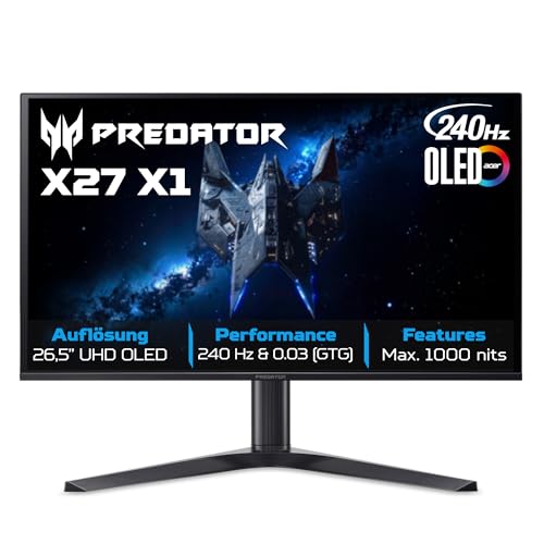 Acer Predator X27 X1 Gaming Monitor 26.5 Zoll (69 cm Bildschirm) 4K (UHD), QD-OLED, 240Hz, 0.03ms (GTG), 2xHDMI 2.1, 2xDP 1.4, USB-C, USB HUB, FreeSync Premium Pro/G-Sync Comp., HDR, Pivot