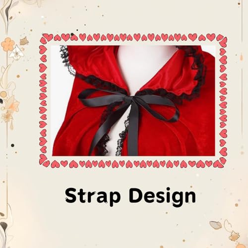 Colorful House Velvet Red Riding Hooded Cape Halloween Christmas Cloak(Black Lace Bright Red,23.62'')