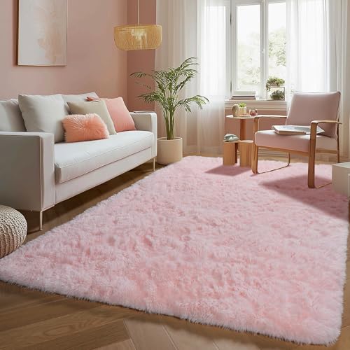 Image of PAGISOFE Pink Fluffy Plush Area Rug 5x8, Kids Shag Rugs for Bedroom Girls, Living Room, Pastel Carpet Nursery Floor Girls Dorm Rug, Plush Soft Kids Rug for Room Decor Aesthetic Kawaii Pink Rugs