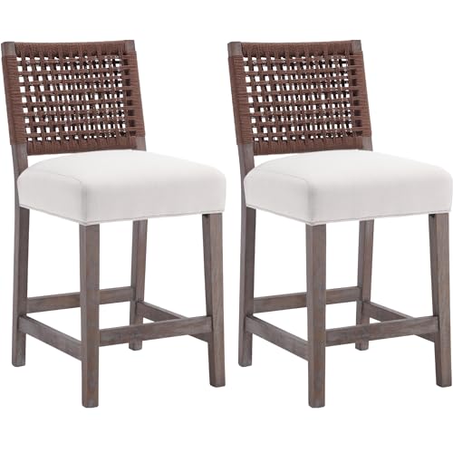 chairus Bar Stools Set of 2 Counter Height Bar Stools with Woven Back Support Farmhouse Counter Stools 27 Inch Wooden Barstools for Kitchen Island Bar Club Entertainment Room Linen Beige