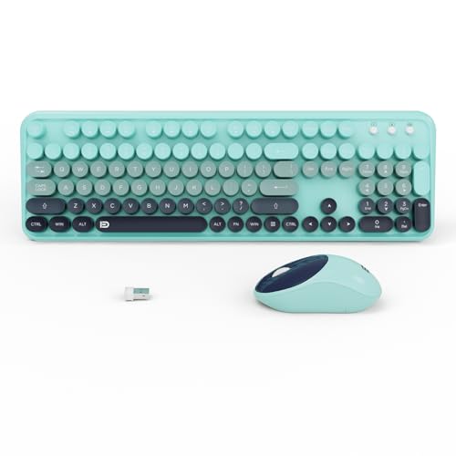 Image of Keyboard and Mouse Wireless,2.4Ghz Retro Typewriter Style Round Keycap,Full Size Wireless Keyboard Mouse Combo,Cute Cordless Keyboard Mouse Set for PC Laptop Desktop Computer-Blue Black Colorful