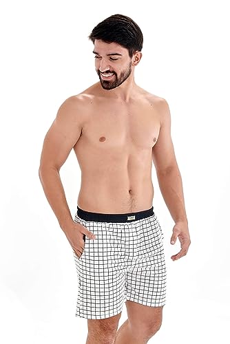 Pijama Masculino Curto com Shorts Xadrez Grid Off White