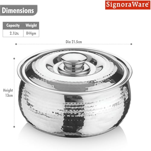 Image of Signoraware Hot Delight Hammered Stainless Steel Casserole | Airtight Lid | Retain Freshness | Great For Travelling or Small Gatherings | Perfect For Hot Curry, Chapatti & Rice (2.1 Ltr | Steel)
