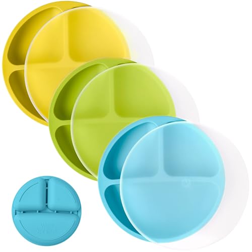 Image of WeeSprout Silicone Plates with Lids for Babies & Toddlers (3 Pack) 100% Food-Grade Dishes for Self Feeding, Divided Design & Raised Edges for Picky Eaters, Dishwasher & Microwave Safe Weaning Supplies