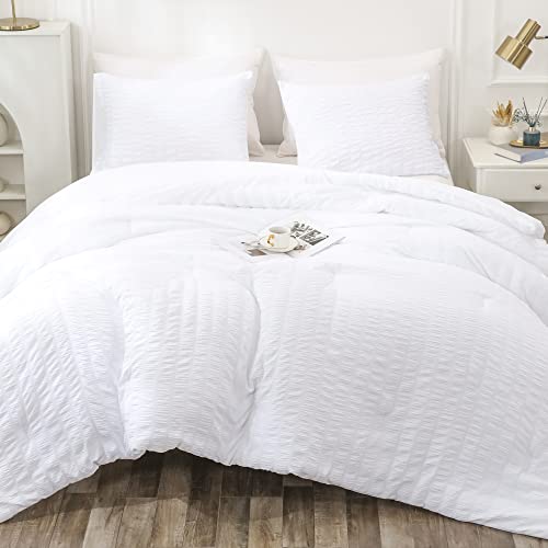 Yozen White King Seersucker Comforter Set (104X90 Inch), 3 Pieces Textured Comforter With 2 Pillowcases, Soft Lightweight Microfiber Down Alternative Bedding Set For All Season #TOP9