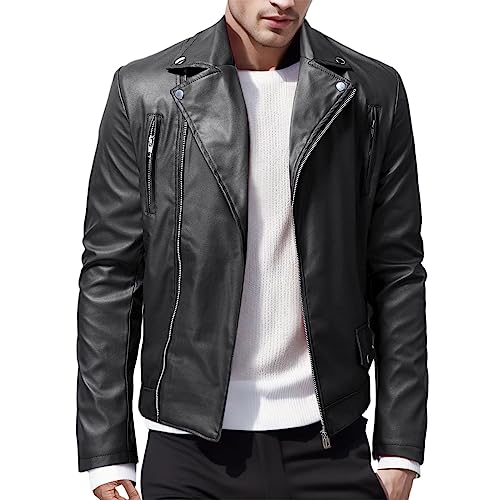 Generisch Veste de moto pour homme - En cuir synthétique - Veste demi-saison avec fermeture éclair et poches - Veste de motard pour homme - Coupe ajustée - Veste en cuir synthétique vintage, Noir , L