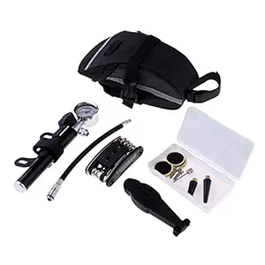 Loom Tree Bike Repair Tool Kits - 16 in 1 Multifunction Bicycle Mechanic Fix Tools Set with Tire Patches Levers, Air Pump Inflator with Gauge, Tail Saddle Bag